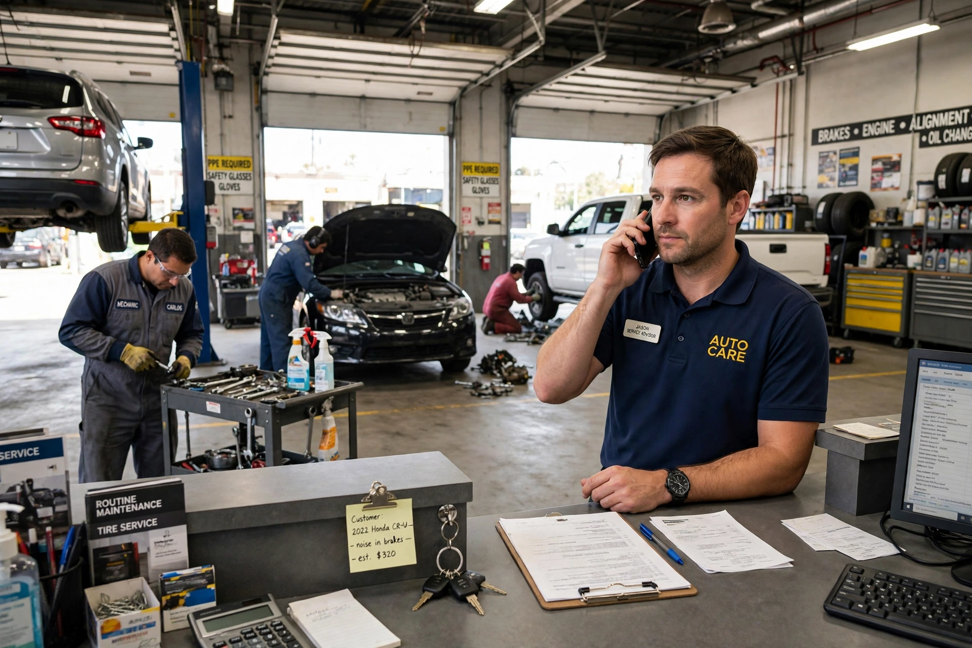 Auto repair shop service advisor on the phone at the counter while mechanics work on vehicles in bright service bays behind