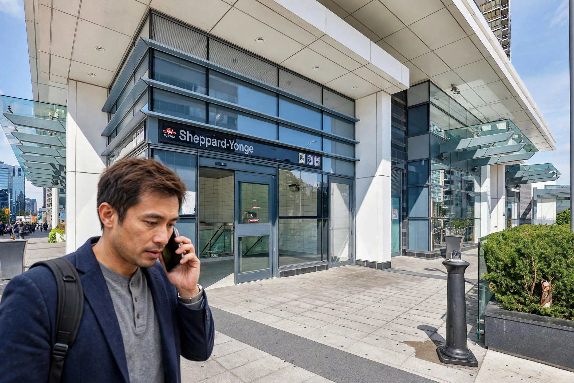 North York clinic owner holding a phone at Yonge Street and Sheppard Avenue near Mel Lastman Square, with condo towers behind him