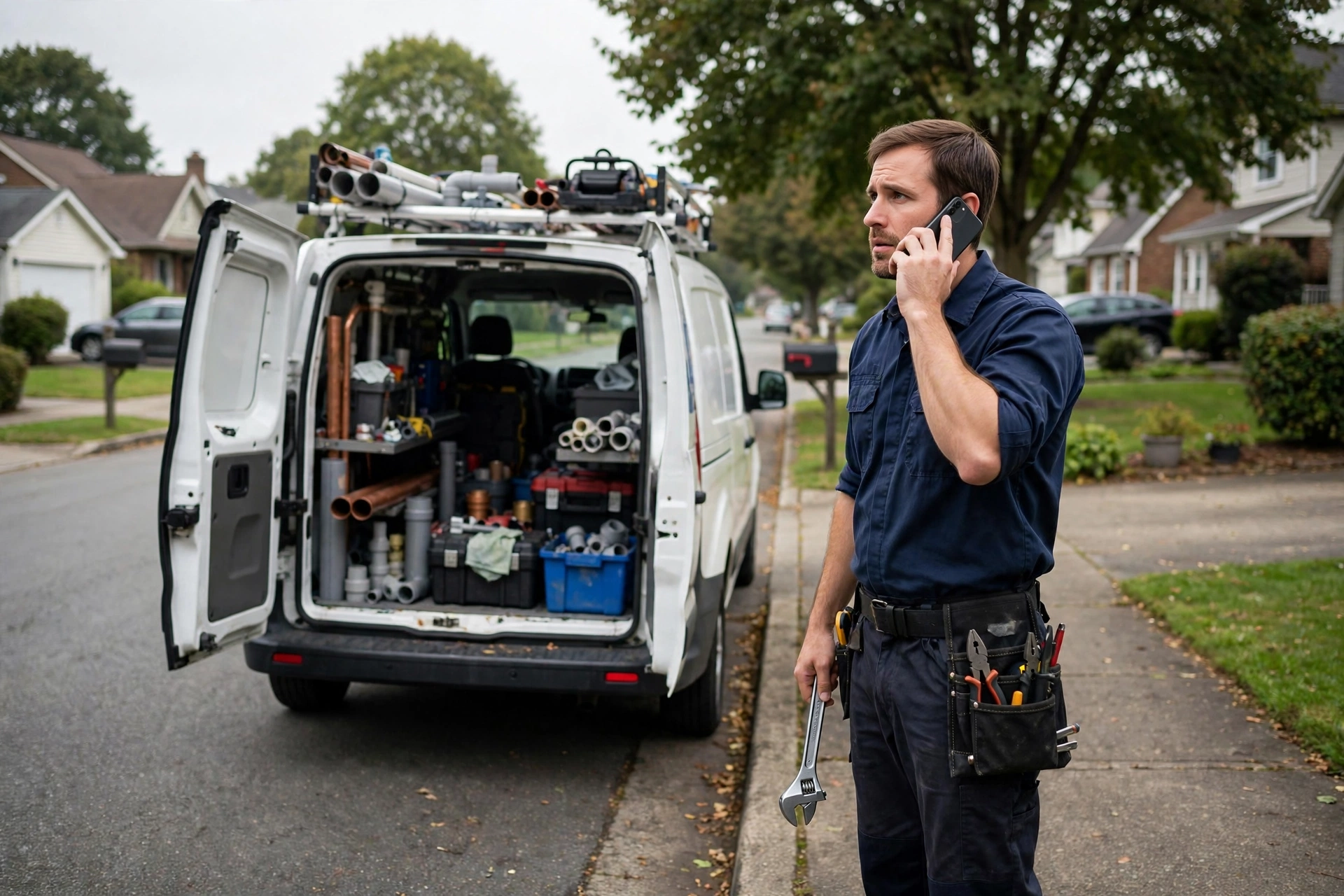 Homeowner holding a phone beside a leaking pipe under a sink with a bucket catching water, while a plumbing lead alert arrives