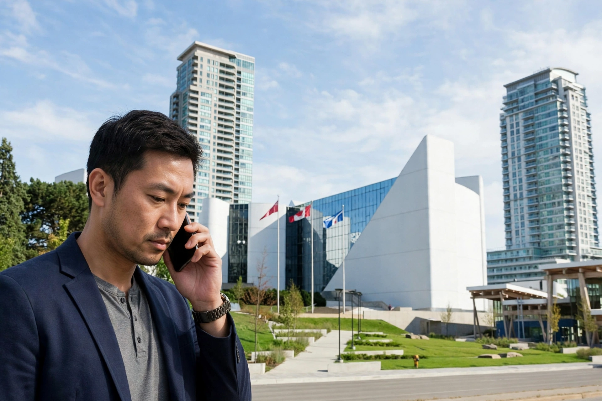 Scarborough home services owner answering a phone call outside Scarborough Town Centre, with the civic centre and Scarborough signage behind him