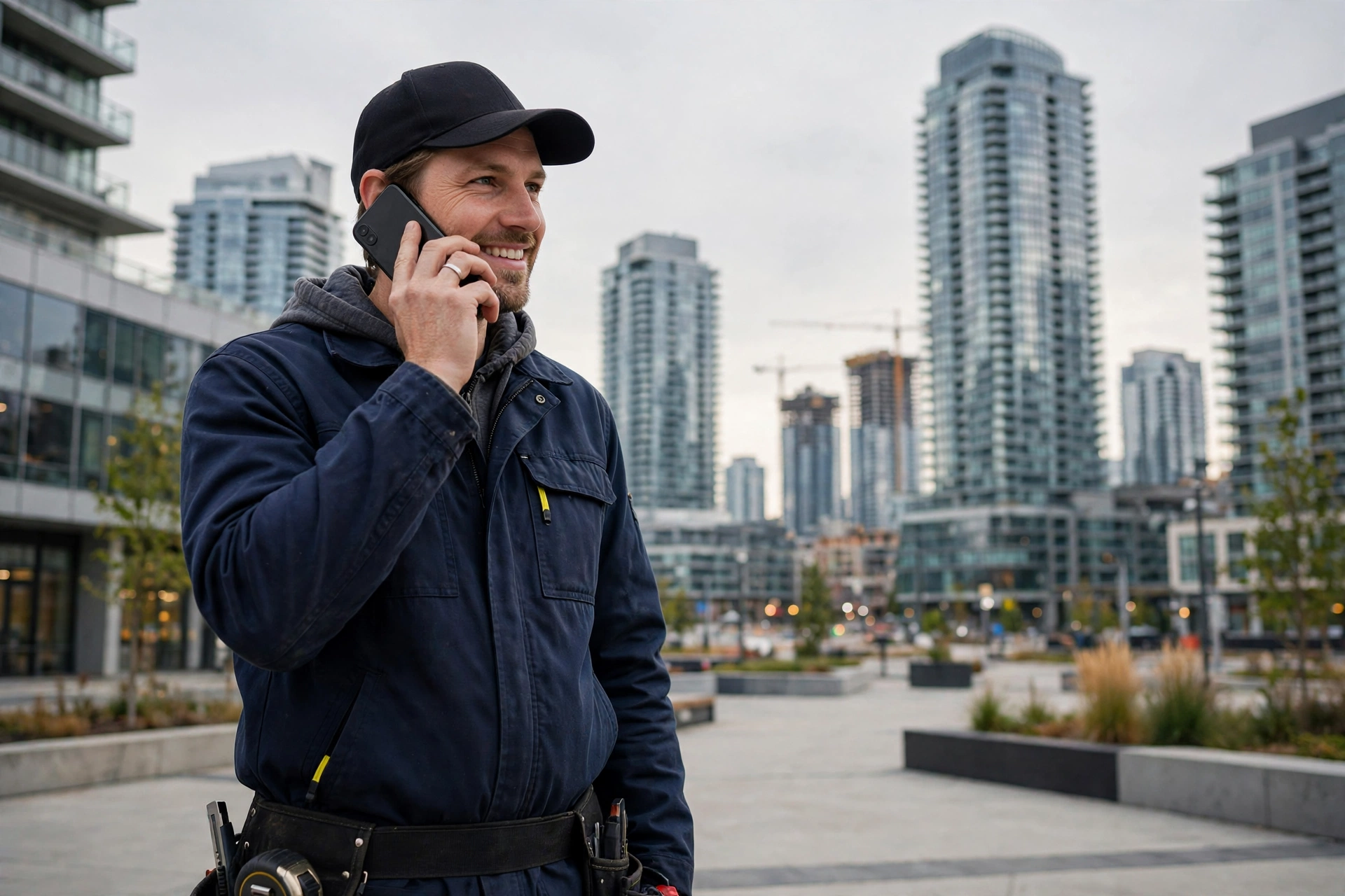 Vaughan home services owner answering a phone call in front of the Vaughan Metropolitan Centre towers with Highway 400 traffic behind him