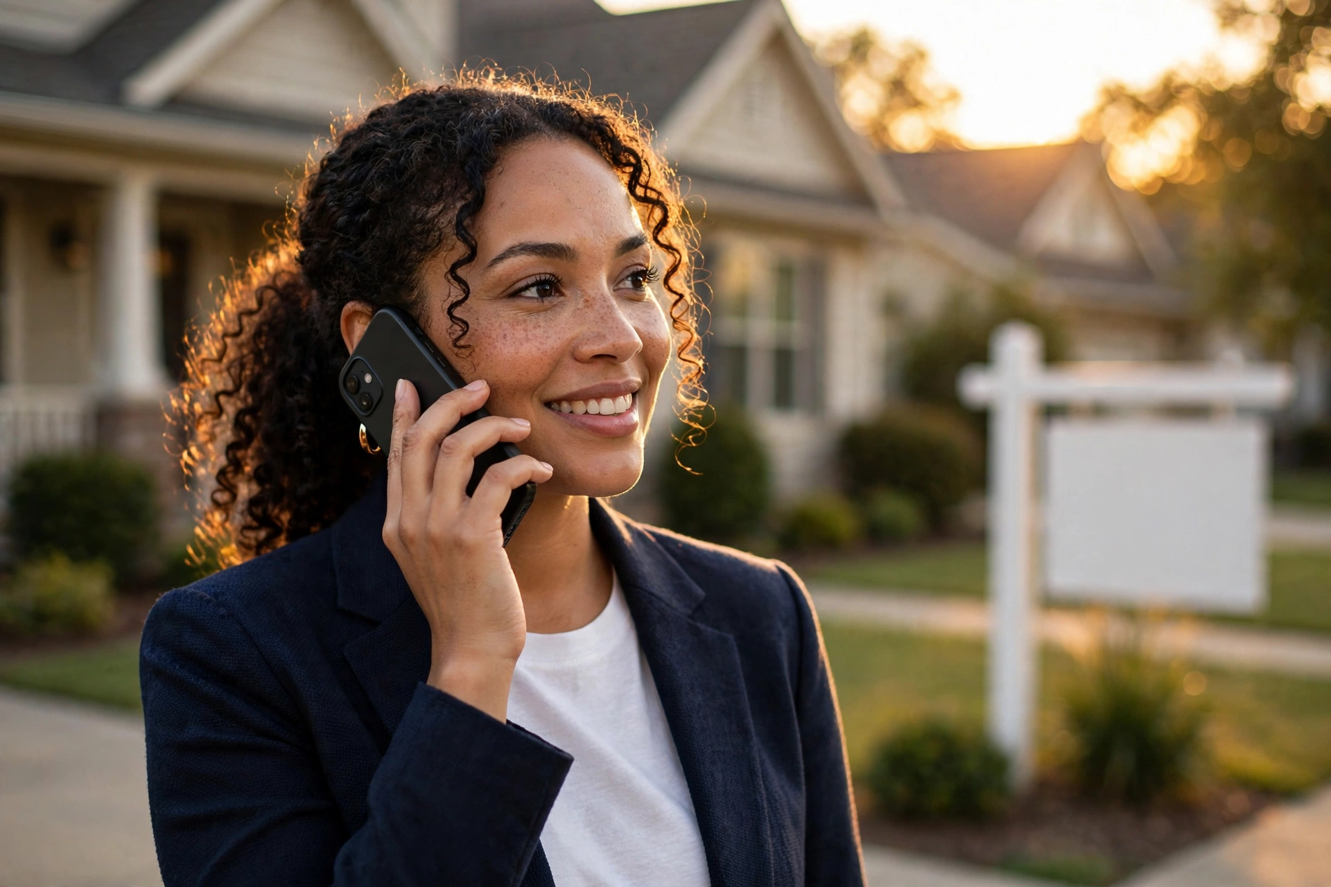A real estate agent at a desk smiling while an incoming instant AI call alert about a new property inquiry appears on a smartphone beside a laptop showing home listings