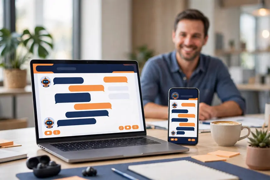 Website chatbot conversation on a laptop and phone — another lead source Speed2Lead calls back